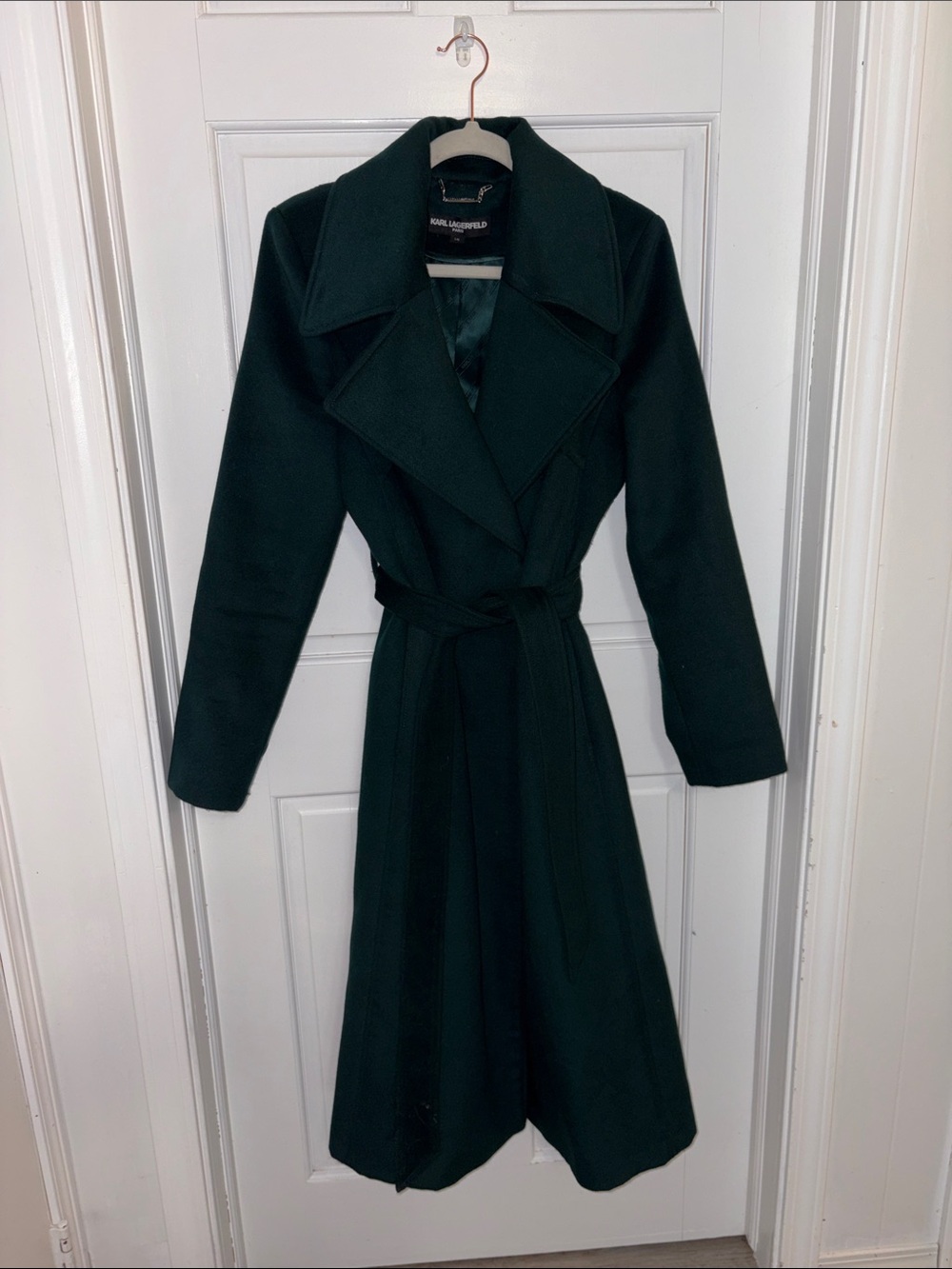 Karl Lagerfeld Dark Green Wrap Wool Winter Trench Coat